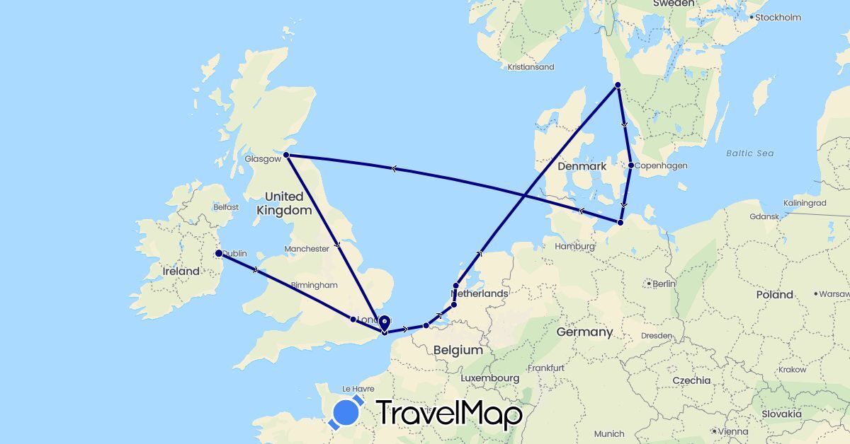 TravelMap itinerary: driving in Belgium, Germany, Denmark, United Kingdom, Ireland, Netherlands, Sweden (Europe)